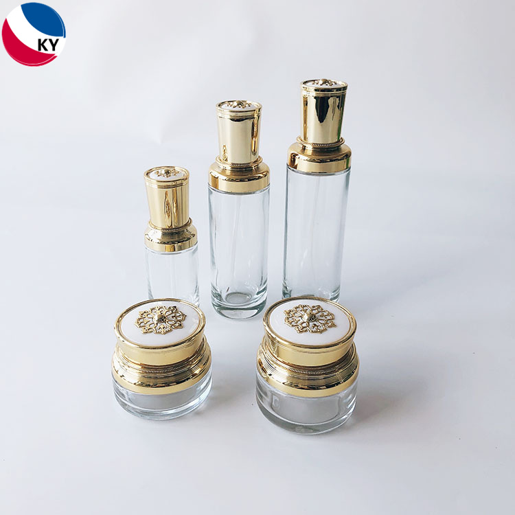 Luxury 30g 50g 30ml 50ml 100ml Clear Thick Bottom Skin Care Cream Glass Jar Lotion Glass Pump Bottle with Gold Cap Pump