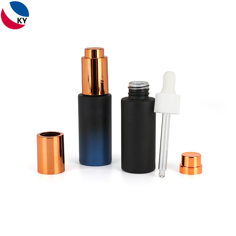 Cosmetic Luxury 20ml Round Matte Black Blue Gradient Color High Quality Frosted Glass Bottle Dropper Bottles Push Button Dropper