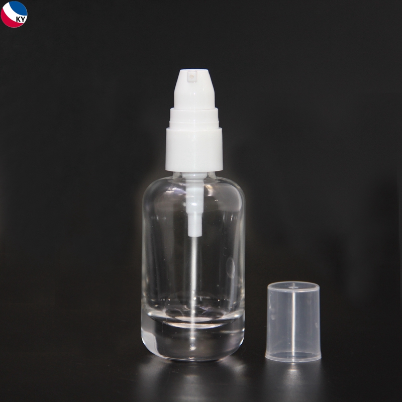 30ml Custom Clear Round Shoulder Skincare Lotion Liquid Square Glass Pump Bottle with White Pump