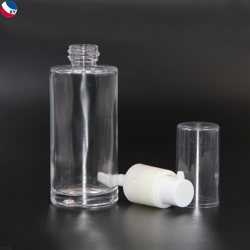 30ml 50ml Round Flat Shoulder Glass Essential Oil Serum Bottle Cosmetic Clear Empty Glass Pump Bottle