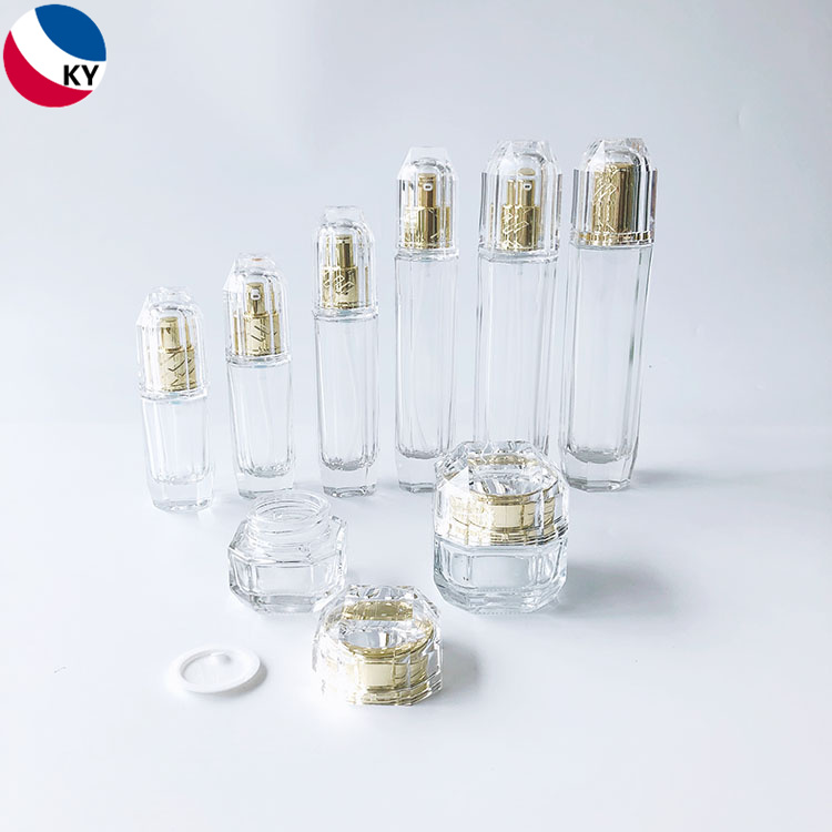 luxury diamond shape 30g 50g 30ml 40ml 60ml 80ml 110ml 130ml cream jar high quality clear glass pump bottle with gold pump