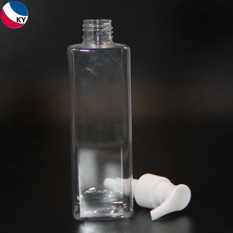300ml Square Shape PET Clear Transparent Plastic Pump Bottle Cosmetic Shampoo Bottle Packaging with White Pump
