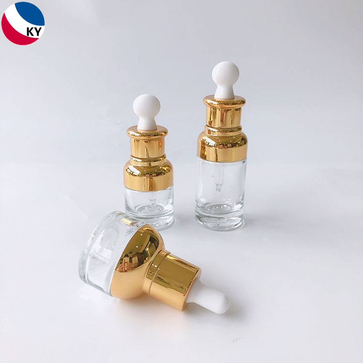 Luxury 15ml 30ml 50ml Round Gold Shoulder High Quality Clear Glass Bottle Dropper Clear Glass Bottles Rubber Oblate Dropper