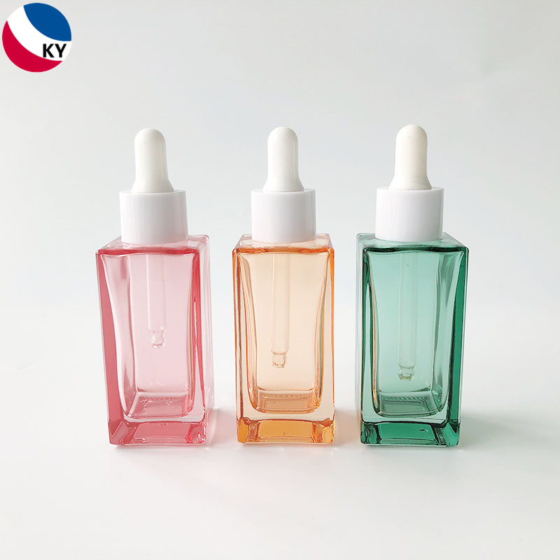 Luxury 30ml Transparent Red Green Orange Custom Color Square Glass Bottle Dropper Essential Oil Clear Glass Bottles 
