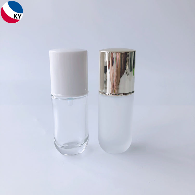 Frosted Transparent Oblate Round 30ml 1oz Glass Serum Lotion Foundation Liquid Bottle with White Silver Pump Cap