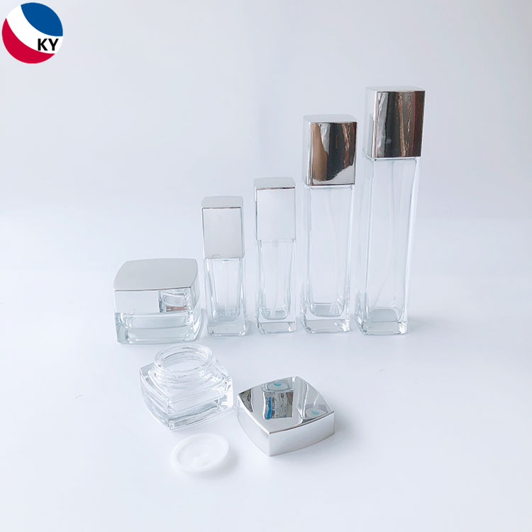Transparent Square Glass Cream Jar 15g 50g 30ml 50ml 100ml 120ml Cosmetics Packaging Set Glass Bottle Silver Pump Cap