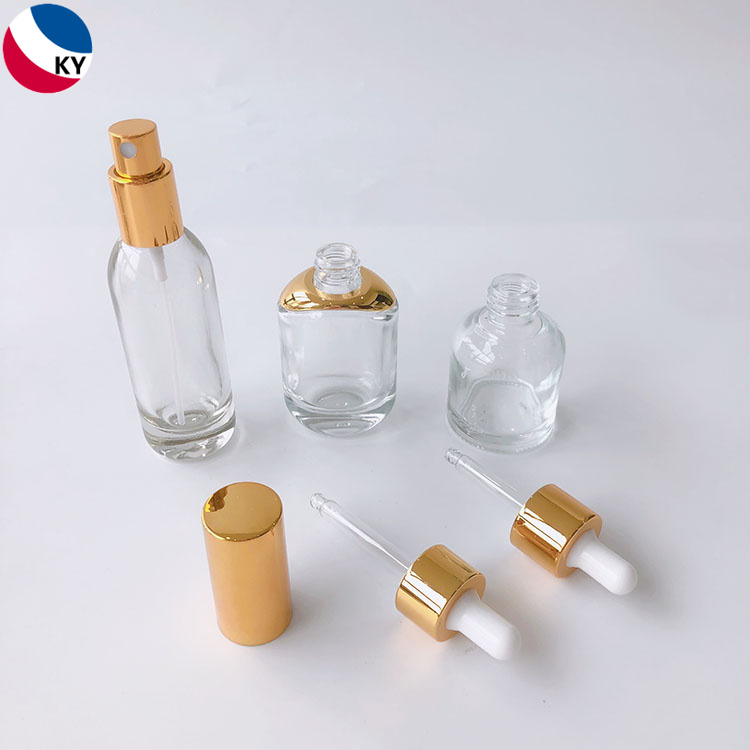 15ml 30ml Flat Round Shoudler Gold Essence Moisturizing Repair Cosmetic Gold Essential Oil Glass Dropper Bottles