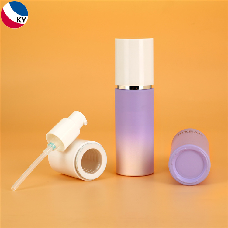 Cosmetic Packaging Cylinder Matte Purple White Gradient Color 40ml Glass Pump Bottle with White Pump Cap