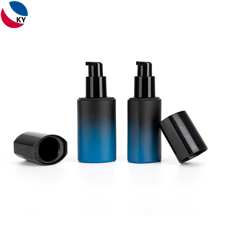 Luxury Cosmetic Cylinder Matte Black Blue Gradient Color 30ml Glass Pump Bottle with Black Pump Pump Cap