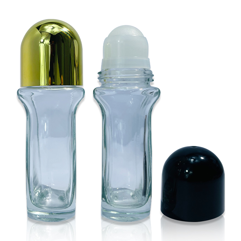 Unique Shape Transparent 30ml Glass Roll on Bottle Cosmetic Packaging Rose Gold Color Screw Cap 1oz Glass Roller Bottle
