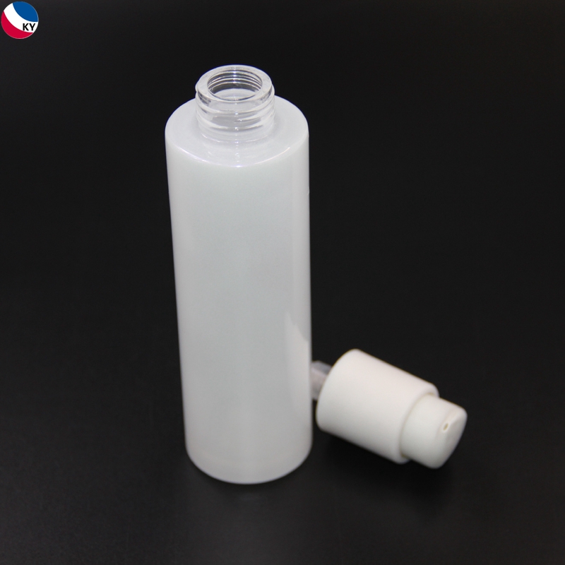 3oz 100ml Shiny Transparent White Flat Shoudler Round Glass Bottle with Self-Lock Pump Serum Bottle
