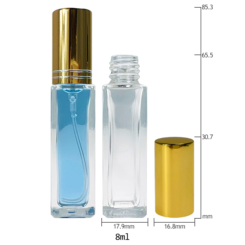 Mini Sample Long And Thin Square Clear Transparent 8ml Glass Spray Bottle with Gold Aluminium Spray Mist Cap