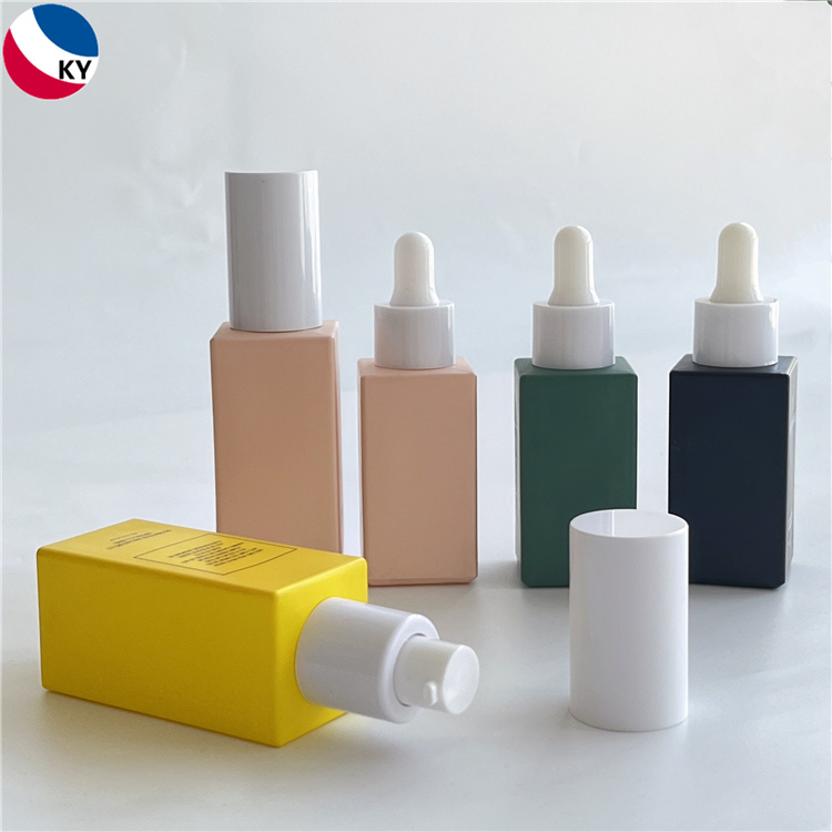 Luxury Cosmetic Square Matte Frosted Pink Yellow Green Blue Color 30ml 50ml Glass Pump Lotion Dropper Bottle