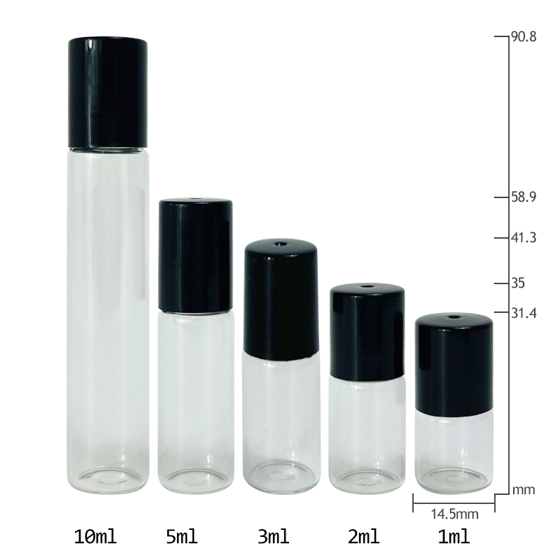New Arrival Transparent 1ml 2ml 3ml 5ml 10ml Glass Roll on Bottle Cosmetic Packaging Rose Black Screw Cap 1oz Glass Roller Bottle