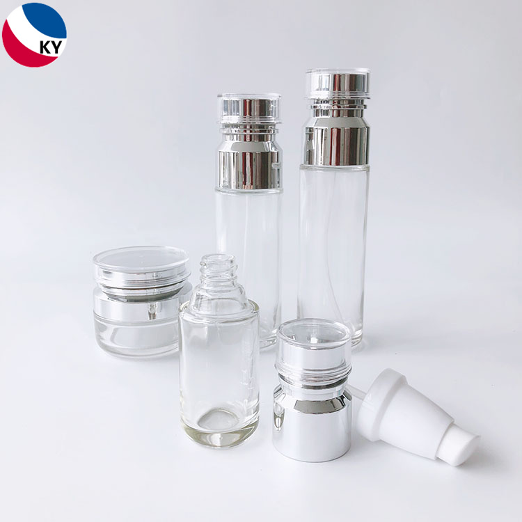1oz 2oz Luxury Cosmetic Packaging Sets Round 50g 30ml 50ml 100ml Cream Jar Clear Glass Pump Bottle with Acrylic Pump Cap