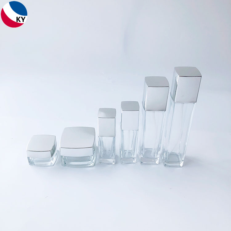 Transparent Square Glass Cream Jar 15g 50g 30ml 50ml 100ml 120ml Cosmetics Packaging Set Glass Bottle Silver Pump Cap