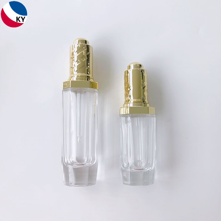 30ml 50ml Push Button Pump Transparent Thick Unique Glass Cosmetic Dropper Packaging Bottle with Gold Press Dropper