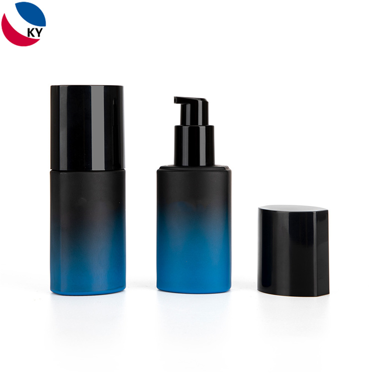 Luxury Cosmetic Cylinder Matte Black Blue Gradient Color 30ml Glass Pump Bottle with Black Pump Pump Cap