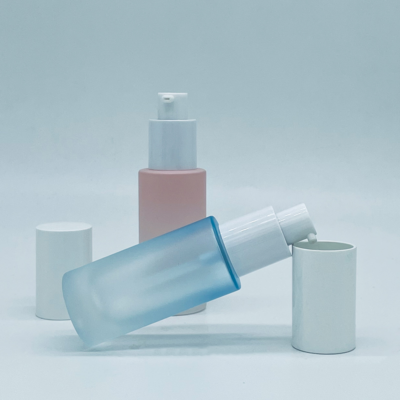 Luxury Cosmetic Packaging Cylinder Round Frosted Matte Pink Transparent Blue 30ml Lotion Glass Pump Bottle